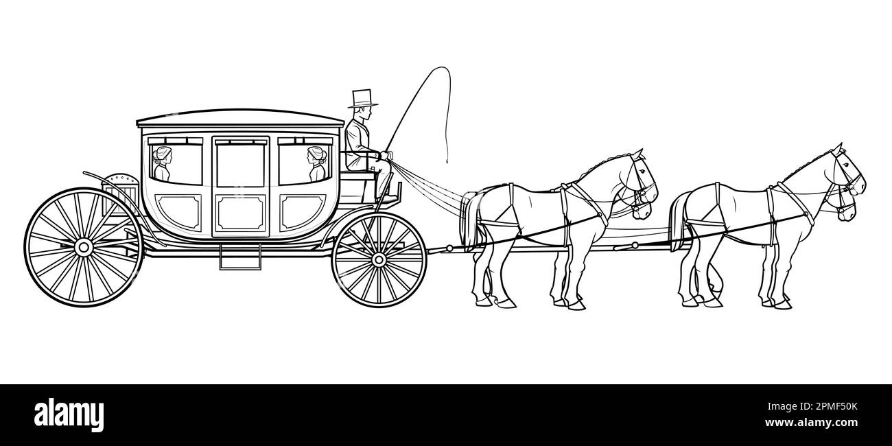Elegante carro carrozza con quattro cavalli e autista - illustrazione vettoriale. Illustrazione Vettoriale
