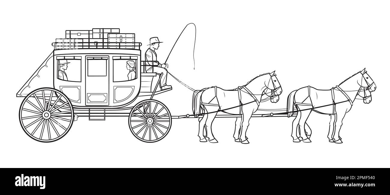 Vagone di Stagecoach con quattro cavalli e conducente-vettore stock illustrazione. Illustrazione Vettoriale