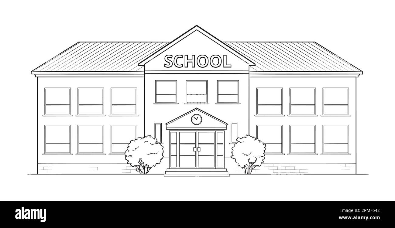 Edificio scolastico classico - illustrazione in bianco e nero Illustrazione Vettoriale