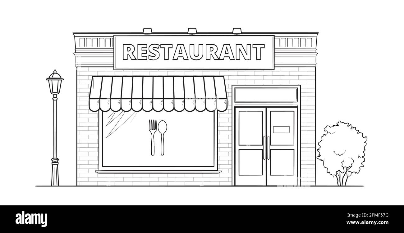 Edificio ristorante - classica illustrazione in bianco e nero Illustrazione Vettoriale