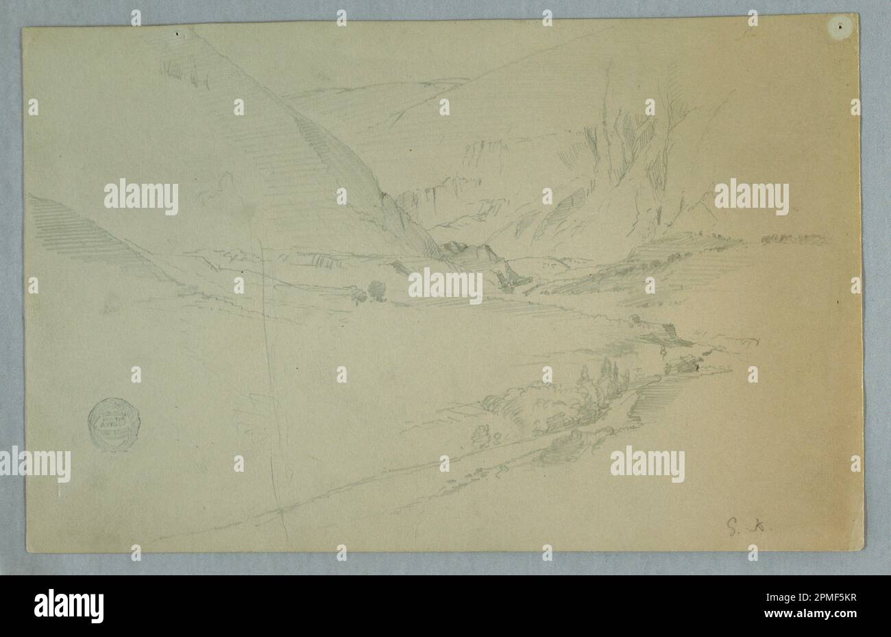 Disegno, Valle della montagna Andiana con torrente tortuoso, Colombia o Ecuador; Chiesa di Frederic Edwin (americana, 1826–1900); grafite su carta bluastra; foglio: 19,7 x 30,9 cm (7 3/4 x 12 3/16 poll.) Foto Stock