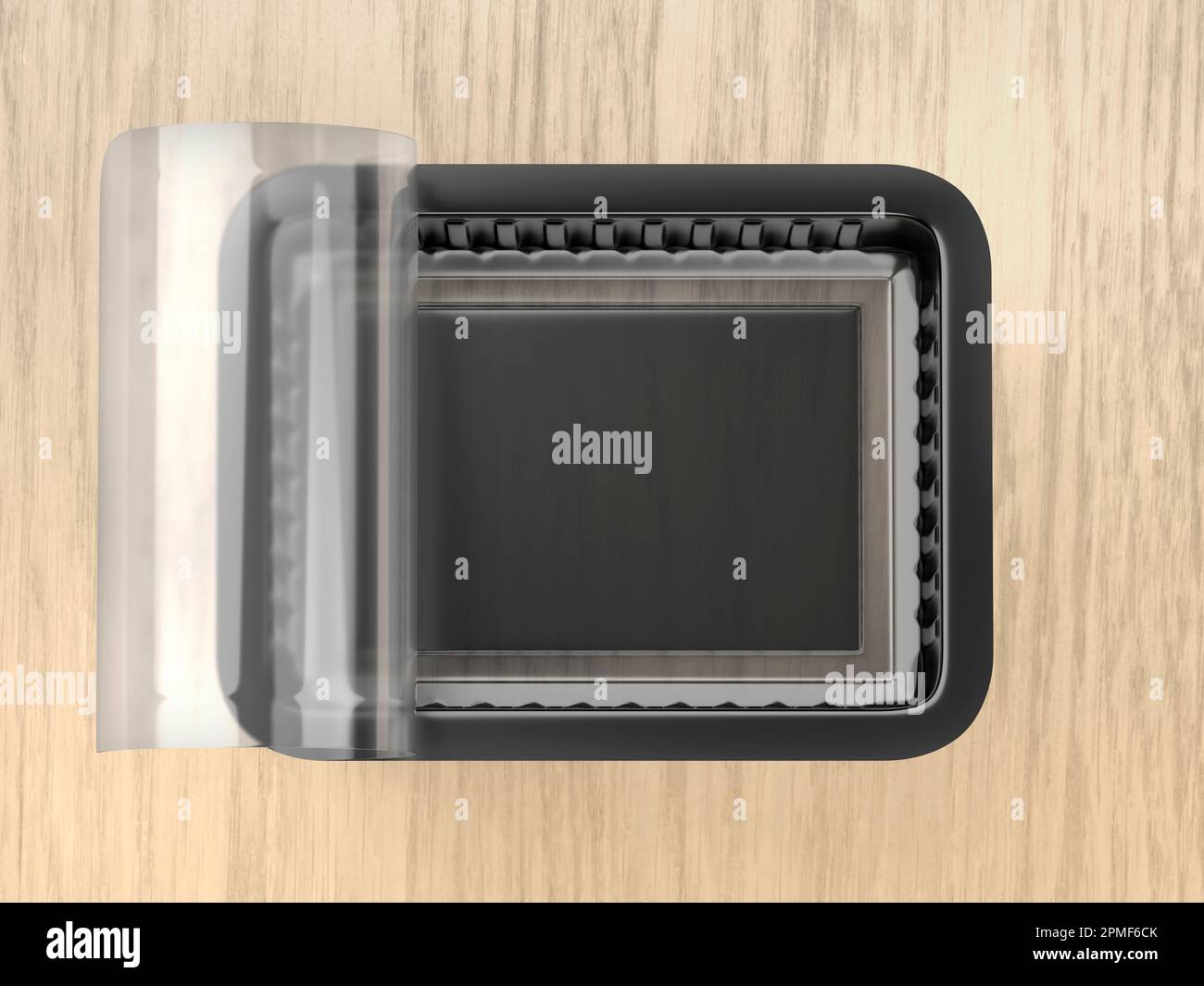 Confezione plastica vuota per carne, verdura, frutta e altri prodotti, vista dall'alto Foto Stock