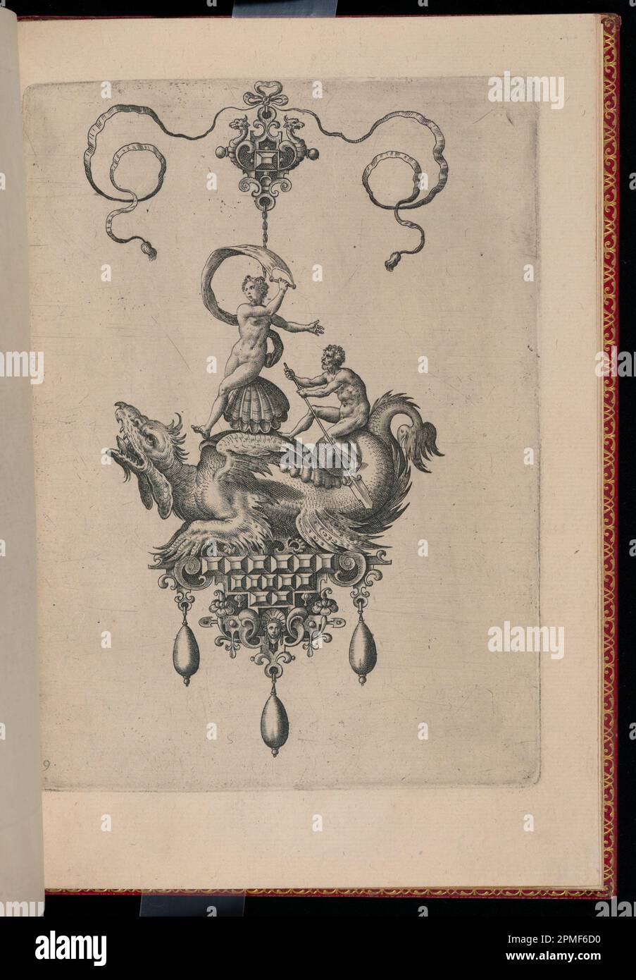 Stampa, lastra 9, da Bullarum Inaurium ecc. Archetypi Artificiosi Pars Altera (pendenti, Orecchini, ecc.. Disegni della natura più abile, parte seconda); disegnati da Hans Collaert il Vecchio (fiammingo, ca. 1530 - 1581); inciso da Adriaen Collaert (fiammingo, ca. 1560 – 1618); pubblicato da Philips Galle (Fiammingo, 1537 – 1612); Olanda; incisione su carta, stesa e dorata Foto Stock