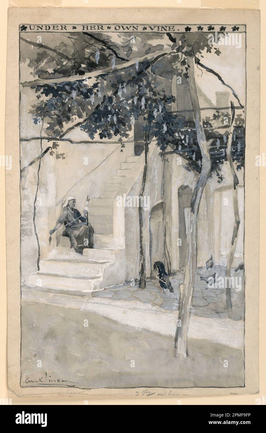 Disegno, sotto la sua propria vigna, Illustrazione per 'Atene moderna'; Corwin Knapp Linson (americano, 1864 – 1959); pubblicato da Charles Scribner's Sons; USA; grafite; lavaggio a pennello e grigio e gouache bianco su carta bianca; totale: 14 x 9 1/8 pollici. (35,6 x 23,2 cm) Foto Stock