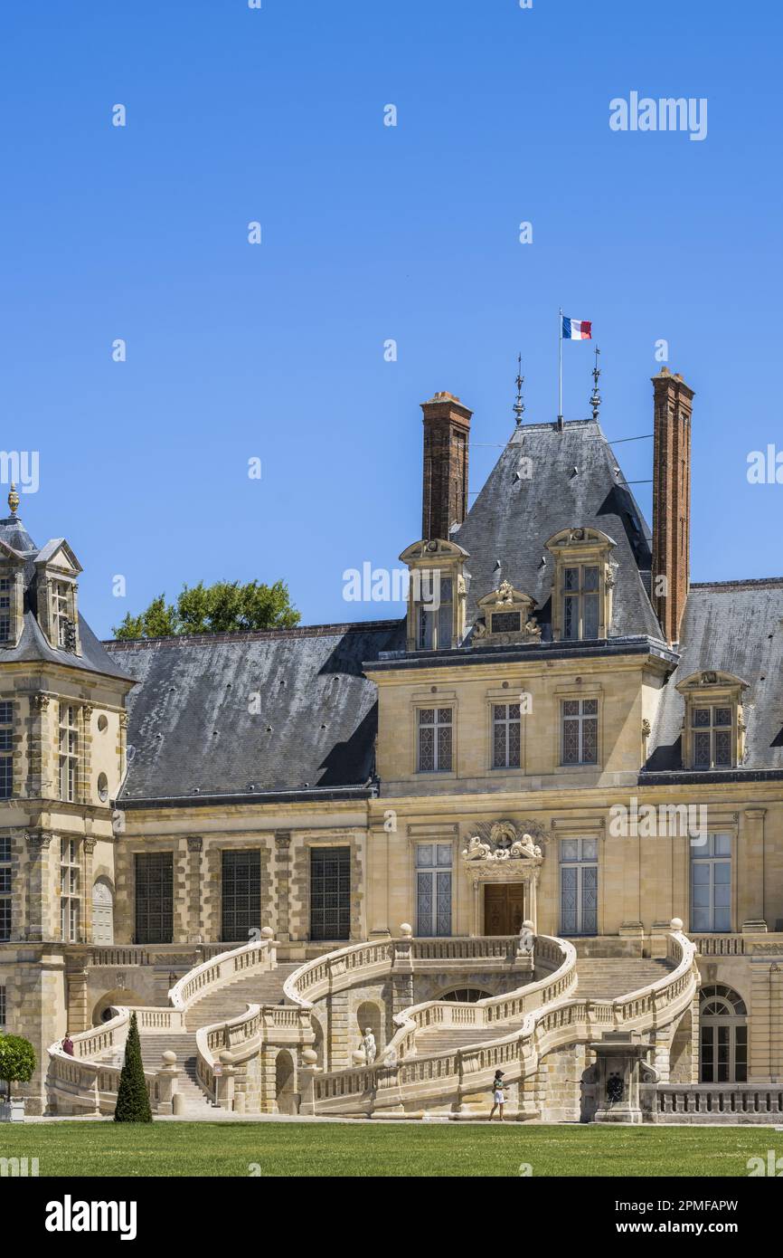 Francia, Seine-et-Marne, Fontainebleau, castello di Fontainebleau dichiarato patrimonio mondiale dall'UNESCO, Cour du Cheval blanc, scala a ferro di cavallo realizzata nel 1550 da Philibert Delorme poi rifatta tra il 1632 e il 1634 da Jean Androuet du Cerceau, è composto da due monumentali voli paralleli a grecato di 46 gradini Foto Stock