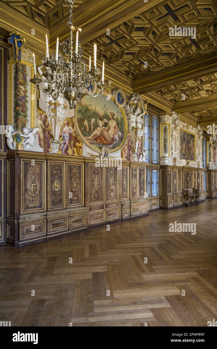 Francia, Seine-et-Marne, Fontainebleau, castello di Fontainebleau, patrimonio mondiale dell'UNESCO, la Galleria Francois 1er costruita tra il 1528 e il 1530, decorata con dipinti, pannelli, affreschi e stucchi, legno di noce intagliato e un soffitto a cassettoni Foto Stock