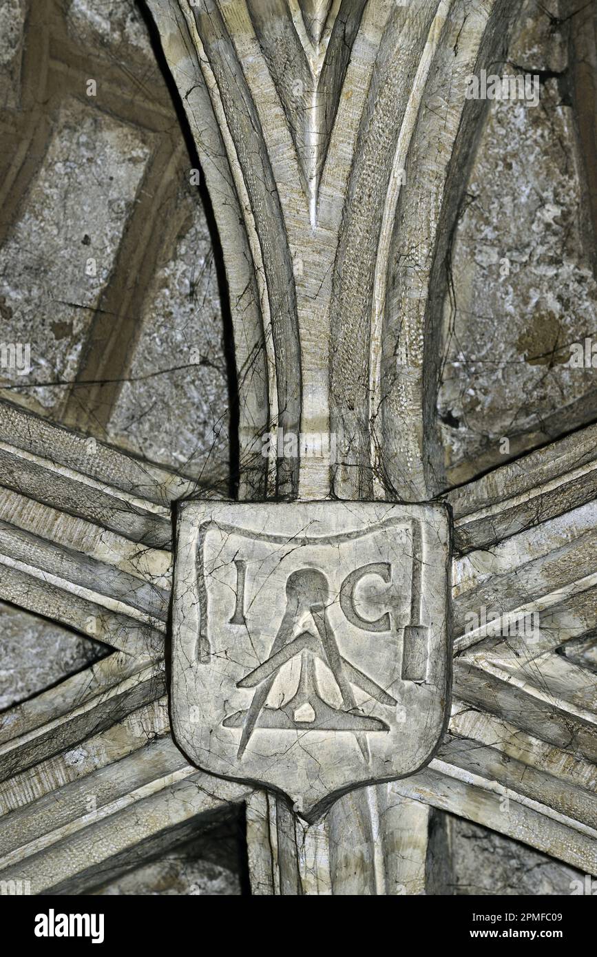 Francia, Doubs, Morteau, Notre Dame de l'Assomption chiesa del 15th ° secolo, navata centrale, chiave a forma di scudo con strumenti dell'architetto Foto Stock