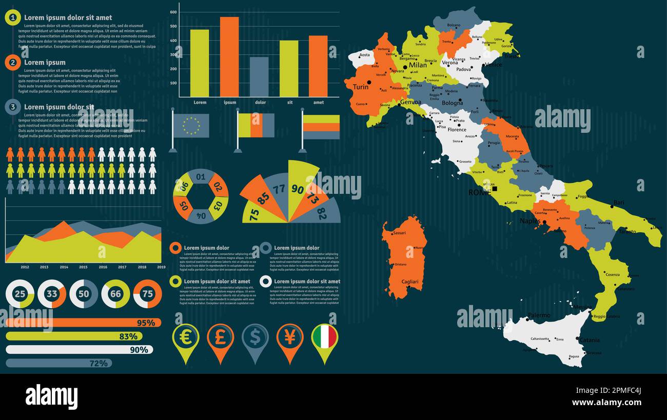 Mappa dettagliata dell'Italia con elementi infografici. Illustrazione vettoriale. Illustrazione Vettoriale