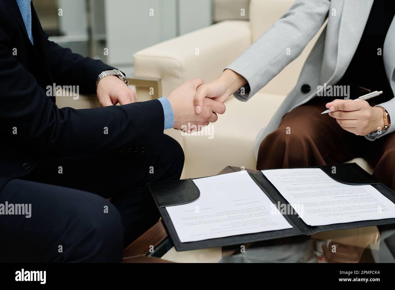 Primo piano dei giovani imprenditori che scuotono le mani per concludere un accordo durante la riunione in carica Foto Stock