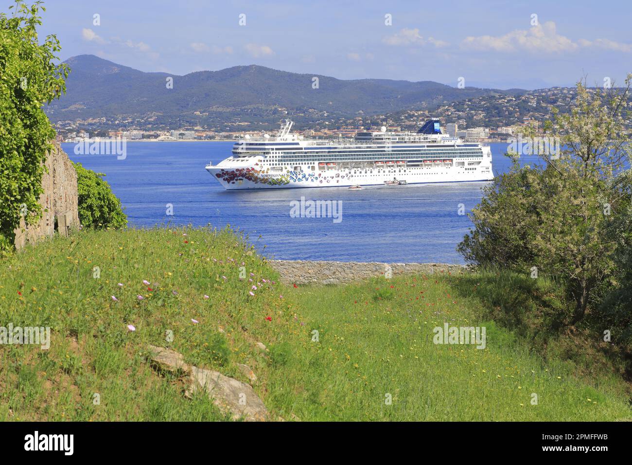 Francia, Var, Saint Tropez, vista dai giardini della cittadella del Golfo e una nave da crociera ormeggiata Foto Stock