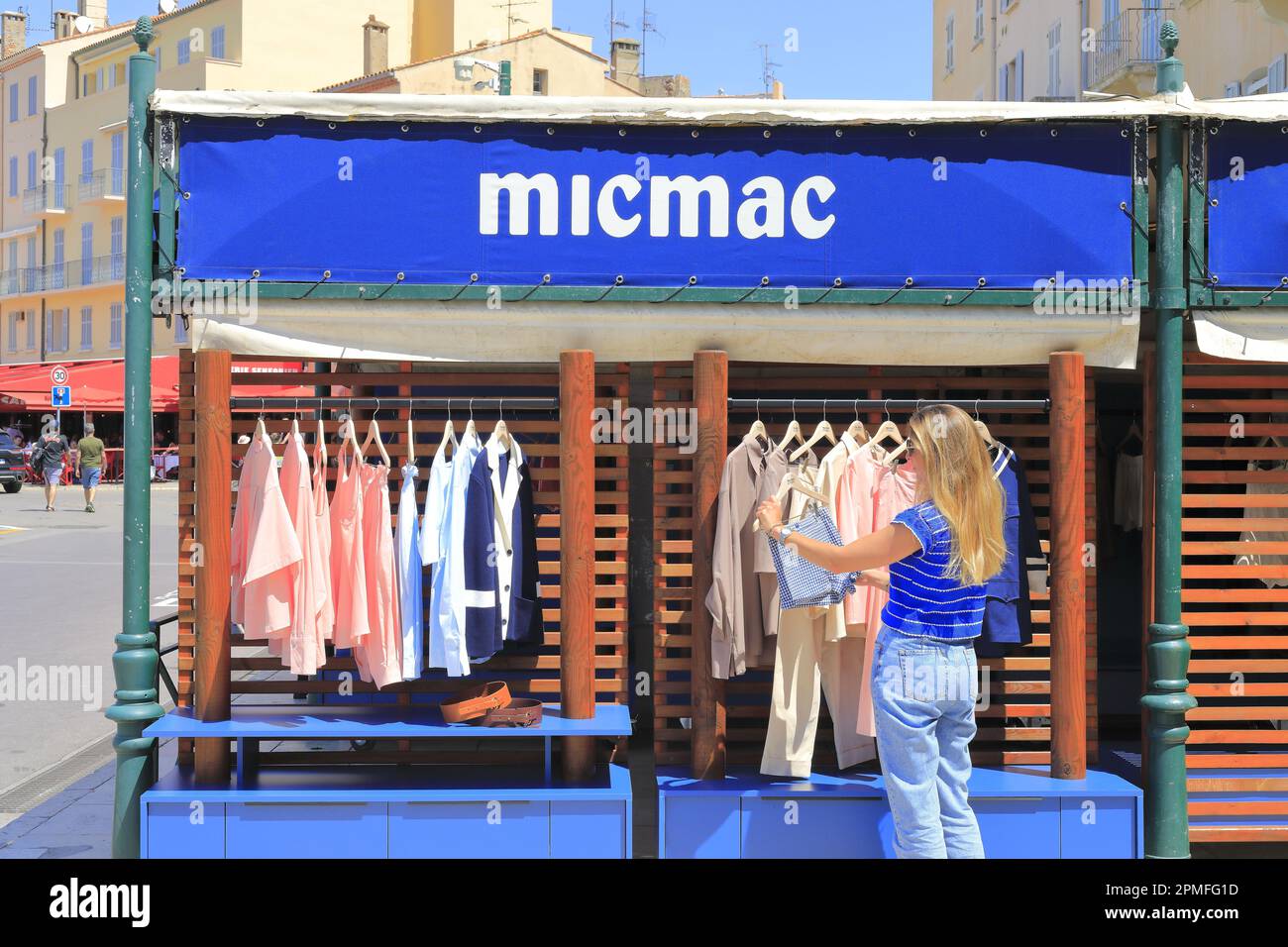 Francia, Var, Saint Tropez, porto, negozio di moda MicMac lanciato da Gunter Sachs e divulgato negli anni '1960s da sua moglie Brigitte Bardot Foto Stock