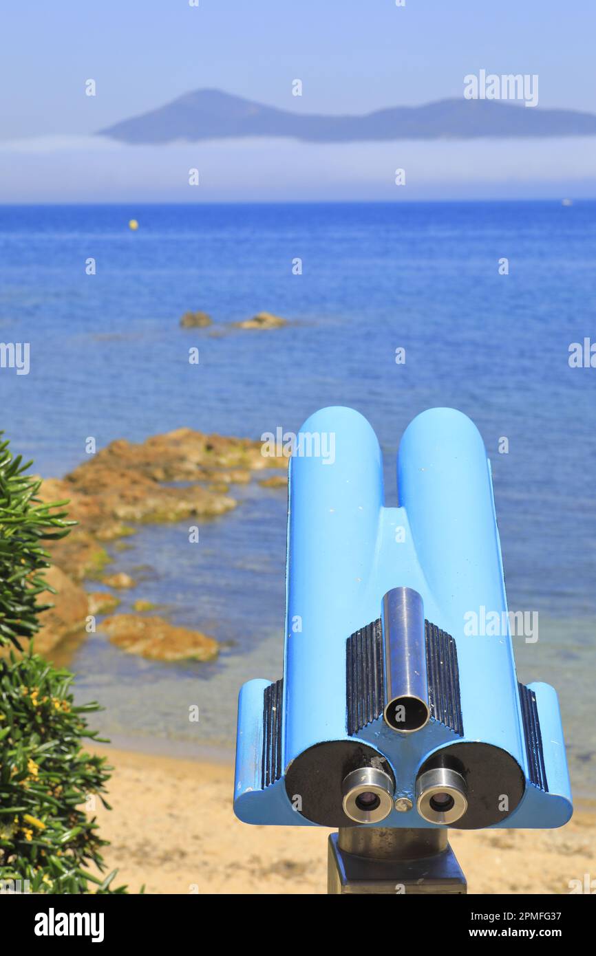 Francia, Var, Saint Tropez, Plage de la Ponche, telescopio panoramico Galaxy Foto Stock