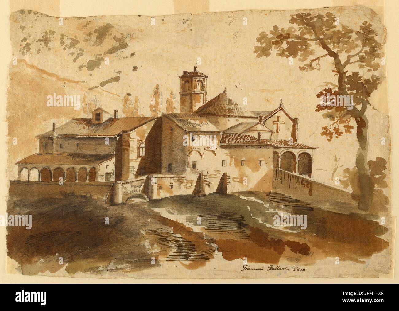 Disegno, Vista di un monastario; disegno di Giovanni Ballarini (1700 - 1800); Italia; gesso nero, penna e inchiostro, pennello e acquerello su carta Foto Stock