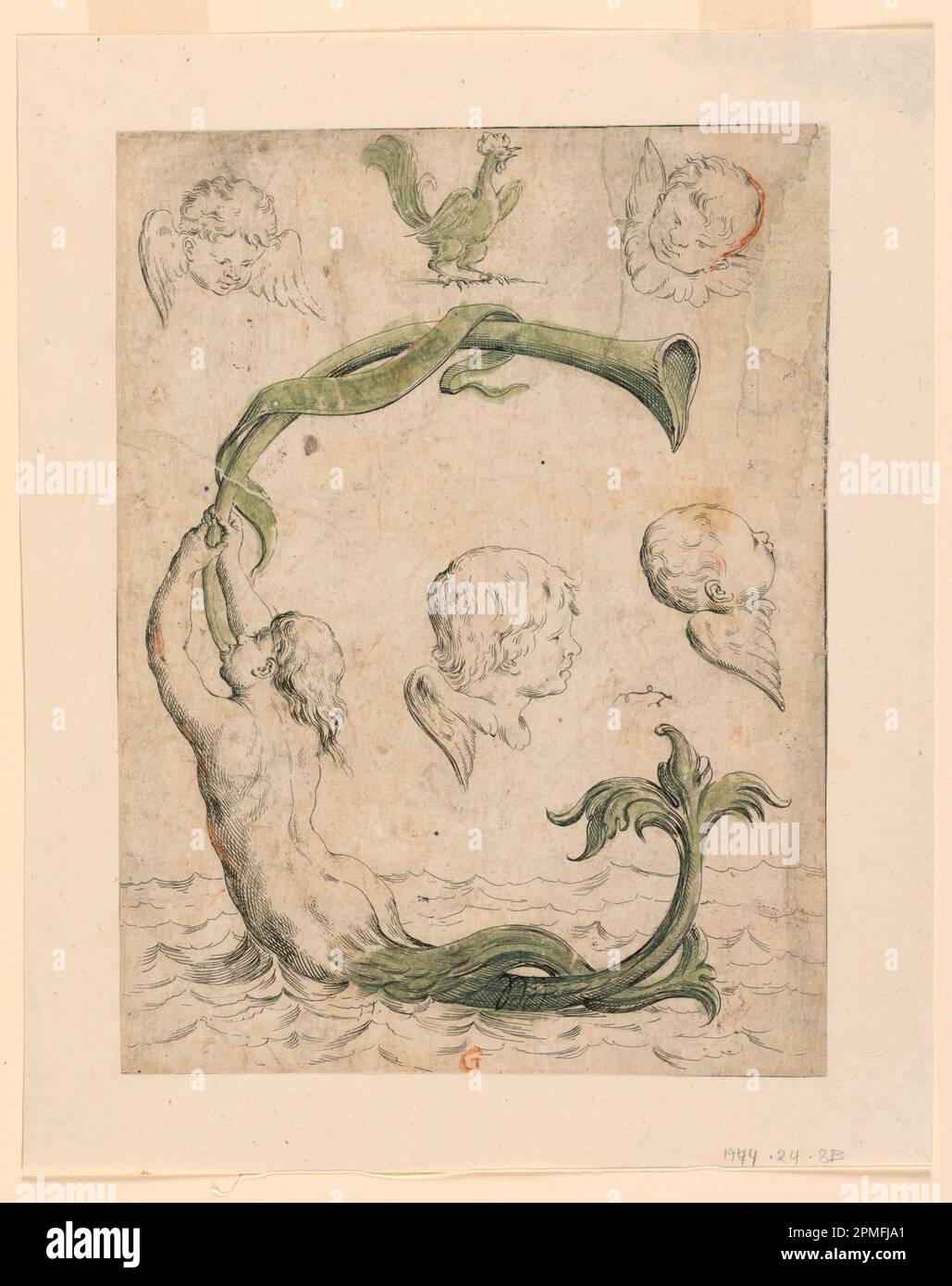 Stampa, prove di quattro lastre di 'Alfabeto in sogno': Lettera G; Giuseppe Maria Mitelli (1634 – 1718); Italia; carta bianca con pastello rosso; tuta: 24,9 x 18,7 cm (9 13/16 x 7 3/8 in.) Foto Stock