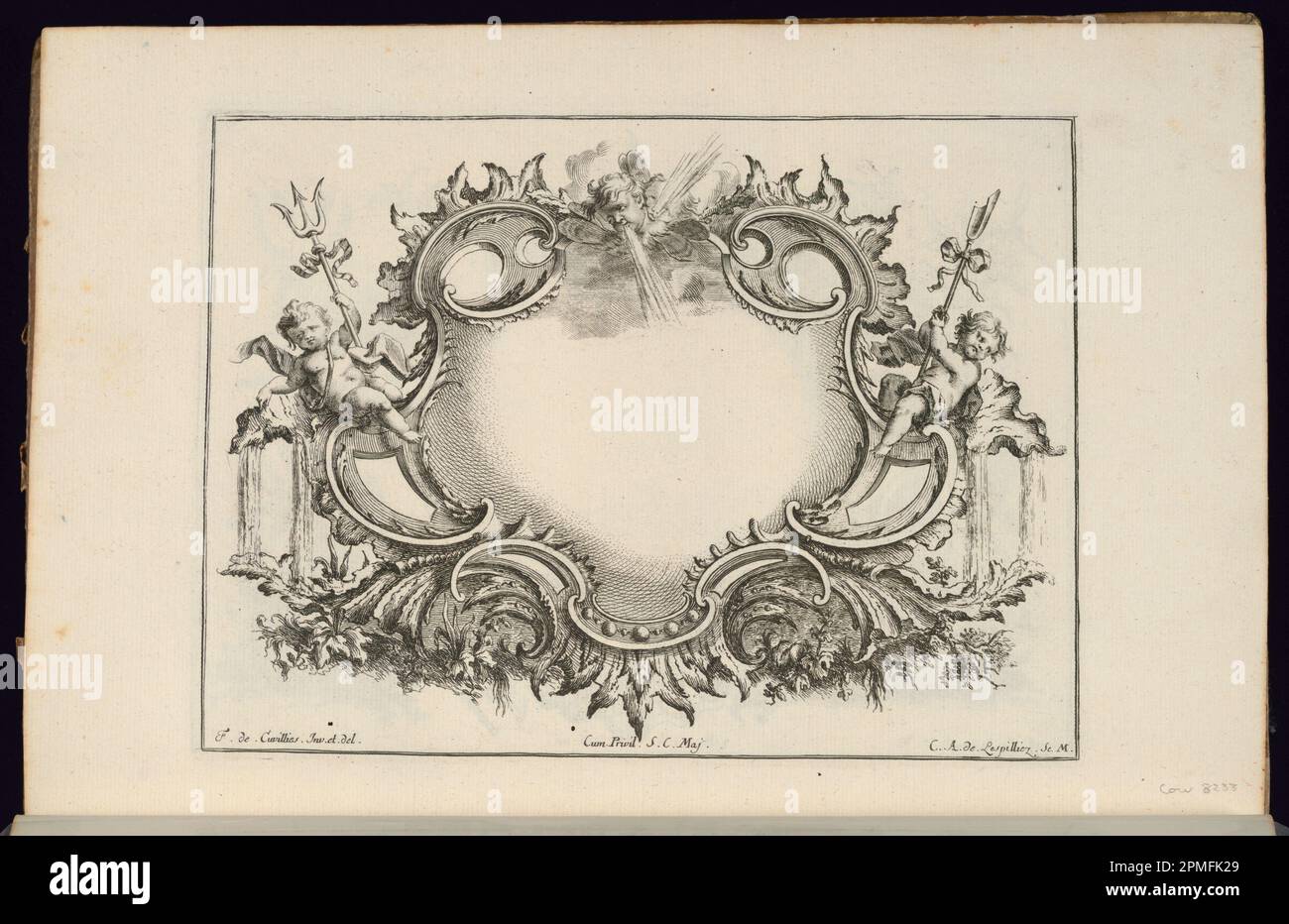 Bound Print, Cartouche con due Venti; disegnato da Francois de Cuvilliés il Vecchio (Belga, Germania attiva, 1695 - 1768); Print Maker: Carl Albert von Lespilliez (tedesco, 1723 - 1796); Germania; incisione e incisione su carta; 18,2 x 24,7 cm (7 3/16 x 9 3/4 in.) Foto Stock