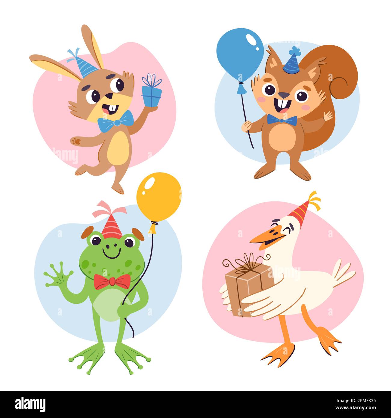 Set di animali da compleanno. Cartoni animati carini con regali, palloncini e cappelli da festa. Adesivi colorati, isolati su sfondo bianco. Un coniglio, uno scoiattolo, Illustrazione Vettoriale