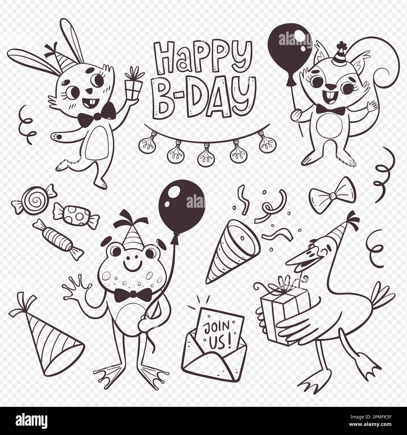 Animali di compleanno ed elementi di celebrazione. Quattro animali carini con regali e palloncini. Un coniglio, una rana, uno scoiattolo e un'anatra. Stile cartone animato. Isolato Illustrazione Vettoriale