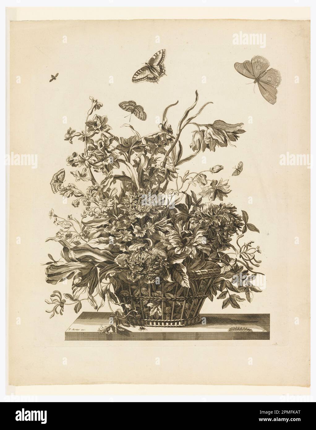 Stampa, piastra 10, da Set of Flowers in a Basket; Jean-Baptiste Monnoyer (francese, 1636-1699); Francia e Inghilterra; incisione su carta bianca; tappetino: 55,9 x 71,1 cm (22 x 28 pollici) 66,2 x 54,9 cm (26 1/16 x 21 5/8 pollici) Foto Stock