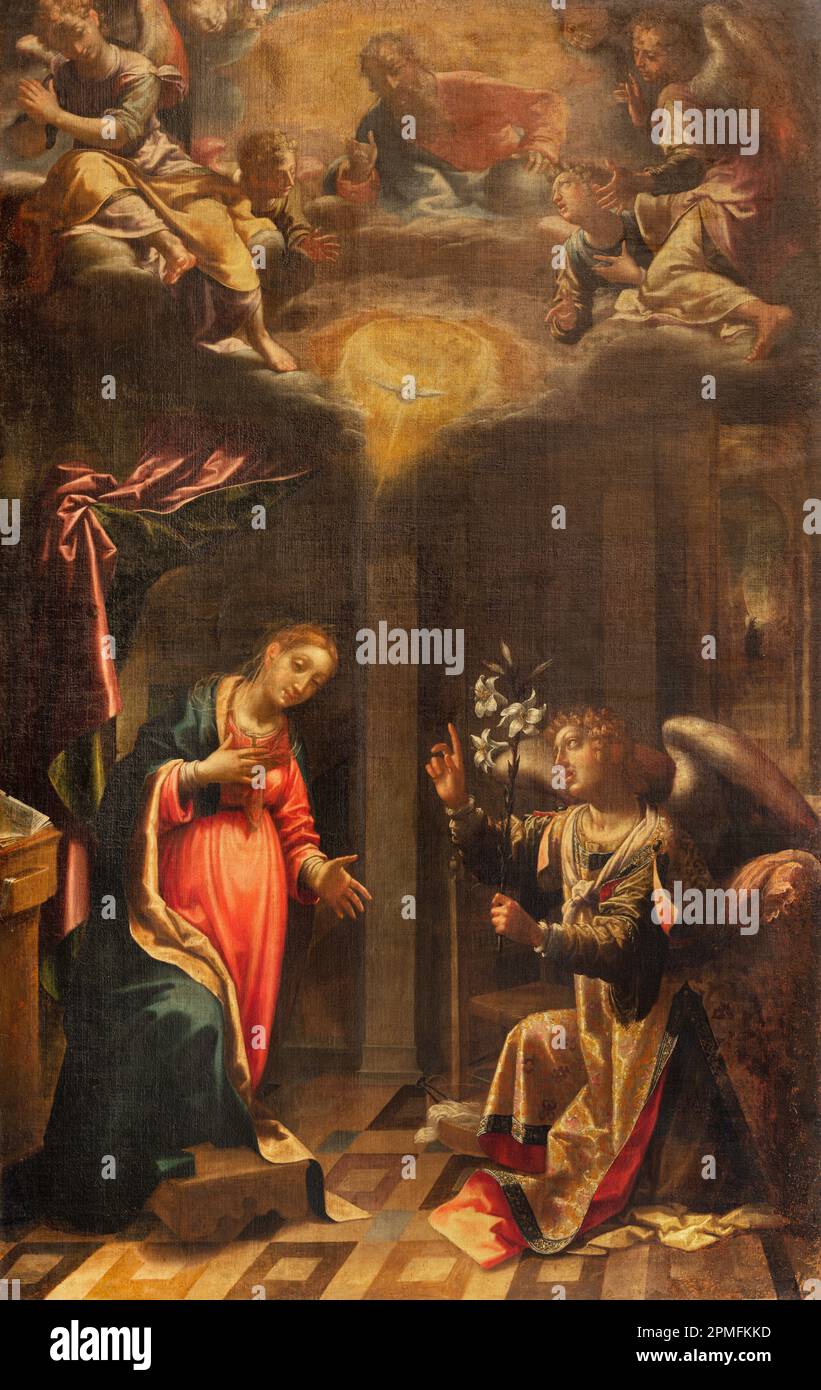 GENOVA, ITALIA - 5 MARZO 2023: Il dipinto dell'Annunciazione nella chiesa di Santa Maria Maddalena di Aurelio Lomi (1602). Foto Stock