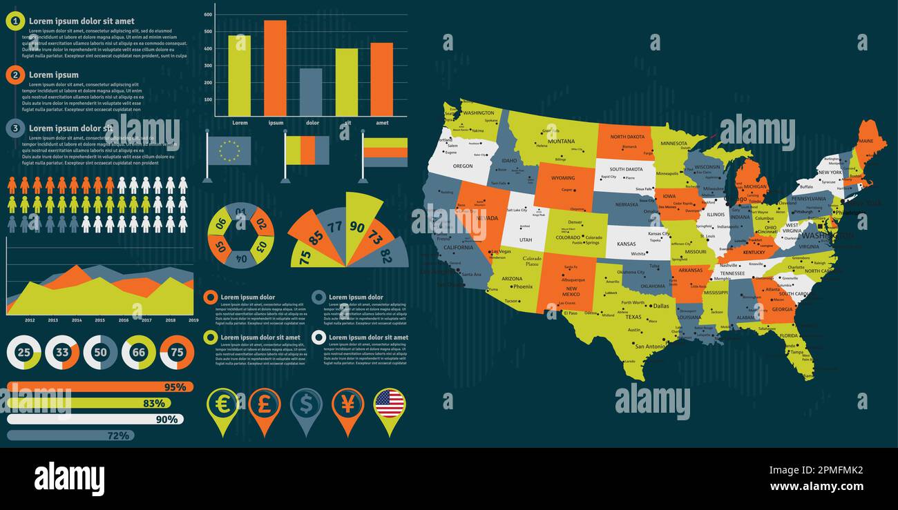 Mappa dettagliata degli Stati Uniti d'America con elementi infografici. Illustrazione vettoriale. Illustrazione Vettoriale