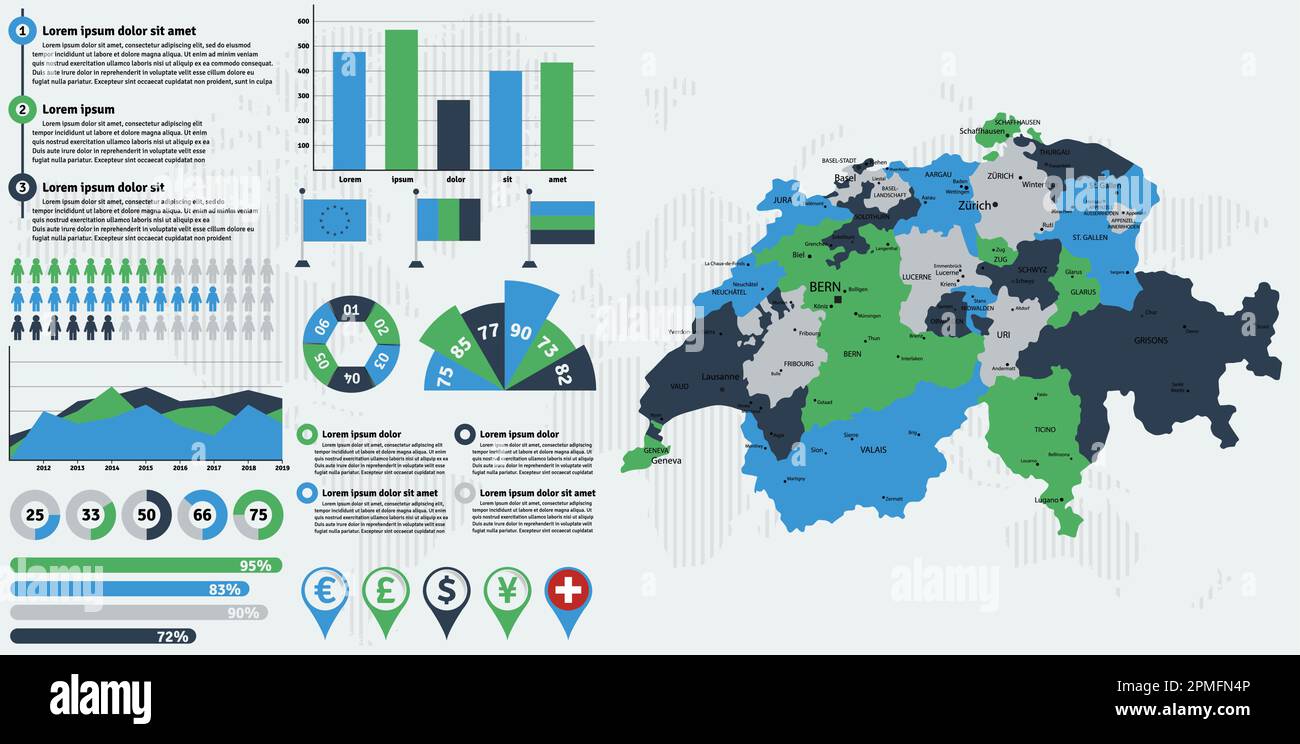 Mappa dettagliata della Svizzera con elementi infografici. Illustrazione vettoriale. Illustrazione Vettoriale