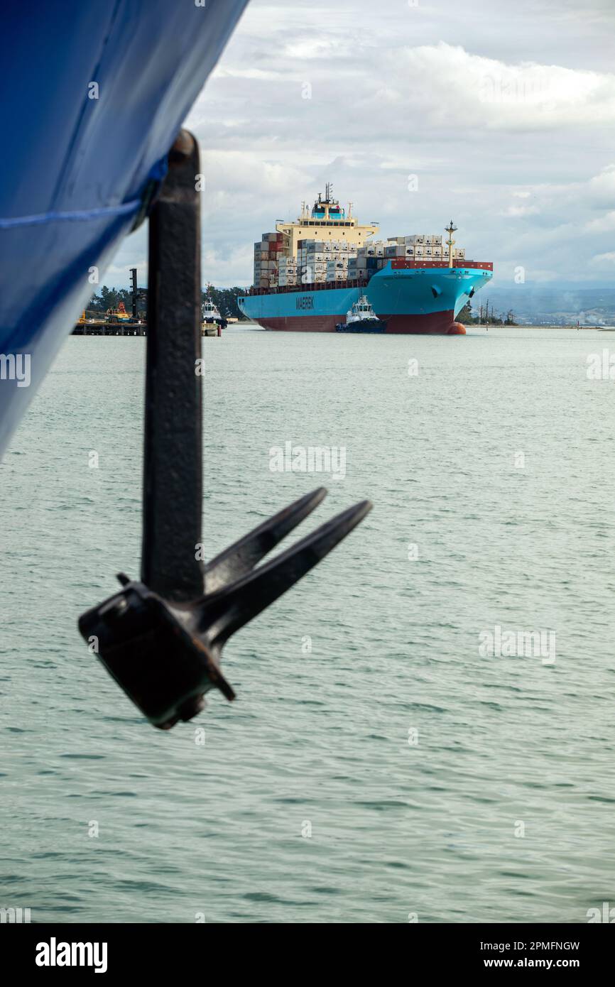 Foto di Tim Cuff - 13 aprile 2023 - attività intorno a Port Nelson, come nave container Maersk Inverness arriva, Nelson, Nuova Zelanda Foto Stock