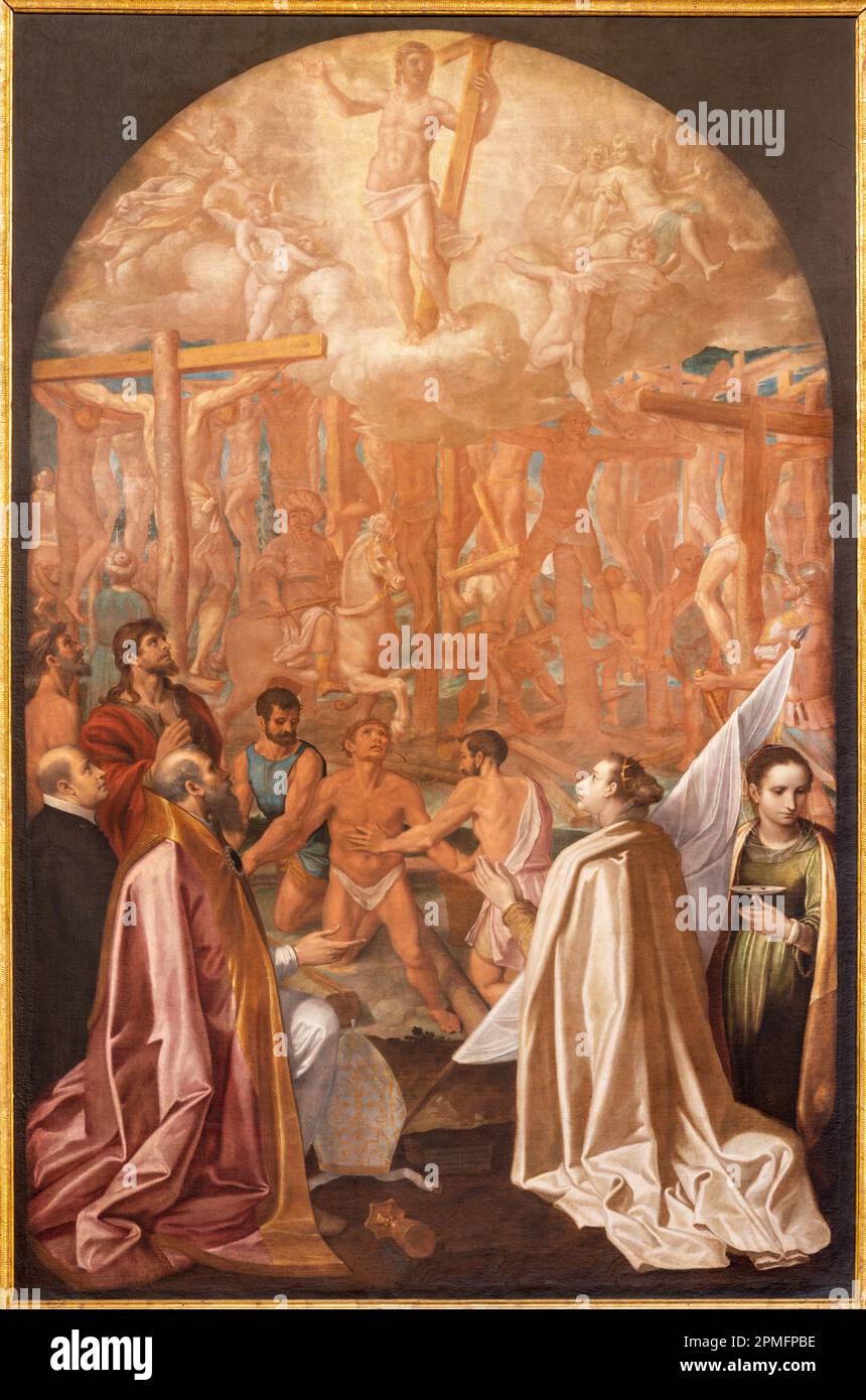 GENOVA, ITALIA - 5 MARZO 2023: La pittura di diecimila martiri e San Ursula, Eligio e Lucia nella Basilica di Santa Maria delle Vigne Foto Stock