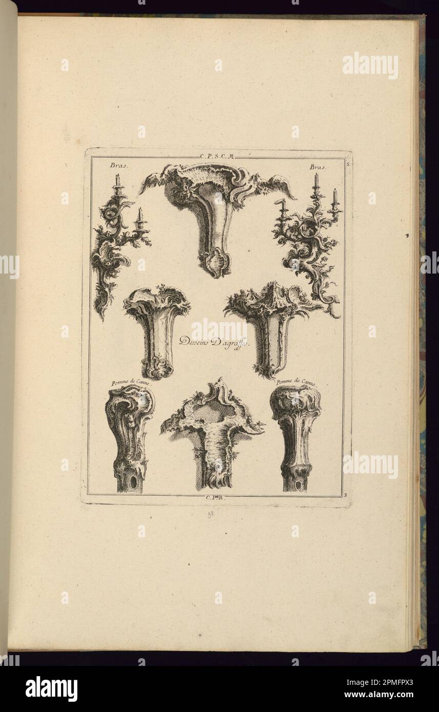 Stampa, Desseins D'Agraffes; progettato da Francois de Cuvilliés il Vecchio (Belgio, Germania attiva, 1695 - 1768); Germania; incisione e incisione su carta biancastra; Platemark: 24,9 x 19 cm (9 13/16 x 7 1/2 pollici) Foglio: 44 x 28,6 cm (17 5/16 x 11 1/4 pollici) Foto Stock