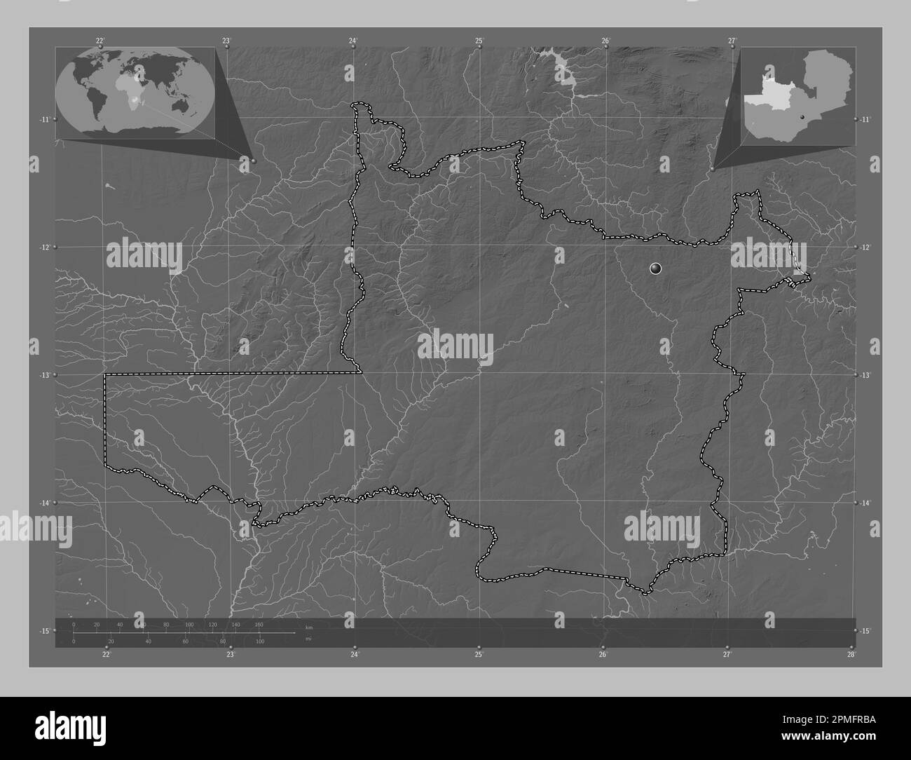 Nord-Ovest, provincia dello Zambia. Mappa in scala di grigi con laghi e fiumi. Mappe delle posizioni ausiliarie degli angoli Foto Stock