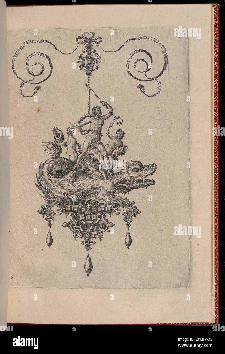 Stampa, lastra 6, da Bullarum Inaurium ecc. Archetypi Artificiosi Pars Altera (pendenti, Orecchini, ecc.. Disegni della natura più abile, parte seconda); disegnati da Hans Collaert il Vecchio (fiammingo, ca. 1530 - 1581); inciso da Adriaen Collaert (fiammingo, ca. 1560 – 1618); pubblicato da Philips Galle (Fiammingo, 1537 – 1612); Olanda; incisione su carta, stesa e dorata Foto Stock