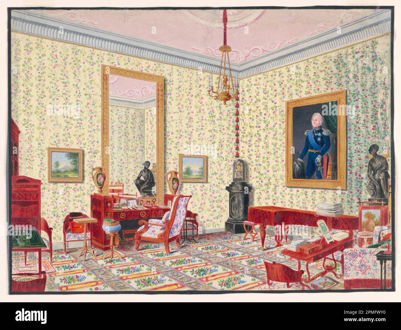 Disegno, The Study of Grand Duchess Cecilia von Oldenberg; Ernst Christian Anton von Lautzow; pennello e acquerello, gouache con dettagli di vernice oro su carta in vanga bianca; cornice a x L x P: 39,7 x 50,2 x 2,5 cm (15 5/8 x 19 3/4 x 1 in.) Foglio: 27,5 x 35,5 cm (10 13/16 x 14 poll.); Collezione di scongelamento; 2007-27-21 Foto Stock