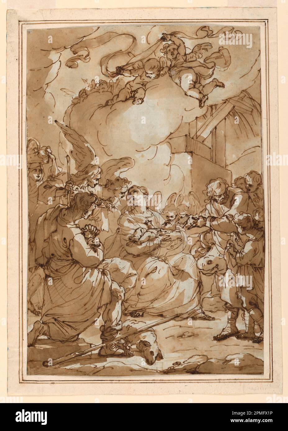 Disegno, Adorazione dei Pastori; Ubaldo Gandolfi (italiano, 1728 – 1781); Italia; inchiostro nero e marrone, pennello e lavaggio marrone, gesso nero su carta bianca steso, steso su carta di colora blu; 28,2 x 19,5 cm (11 1/8 x 7 11/16 in.) Montare il tappetino 31,2 x 22,2cm: 45,7 x 35,6 cm (18 x 14 poll.) Foto Stock