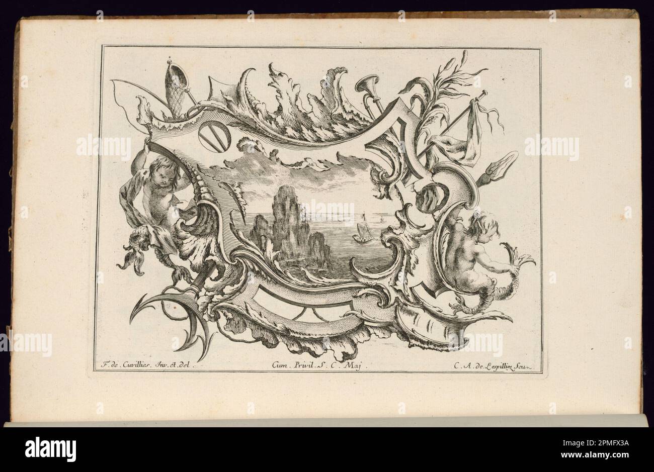 Bound Print, Cartouche con i giovani Tritoni; progettato da Francesco de Cuvilliés il Vecchio (Belgio, Germania attiva, 1695 - 1768); Print Maker: Carl Albert von Lespinlez (tedesco, 1723 - 1796); Germania; incisione e incisione su carta; 18,8 x 25 cm (7 3/8 x 9 13/16 pollici) Foto Stock