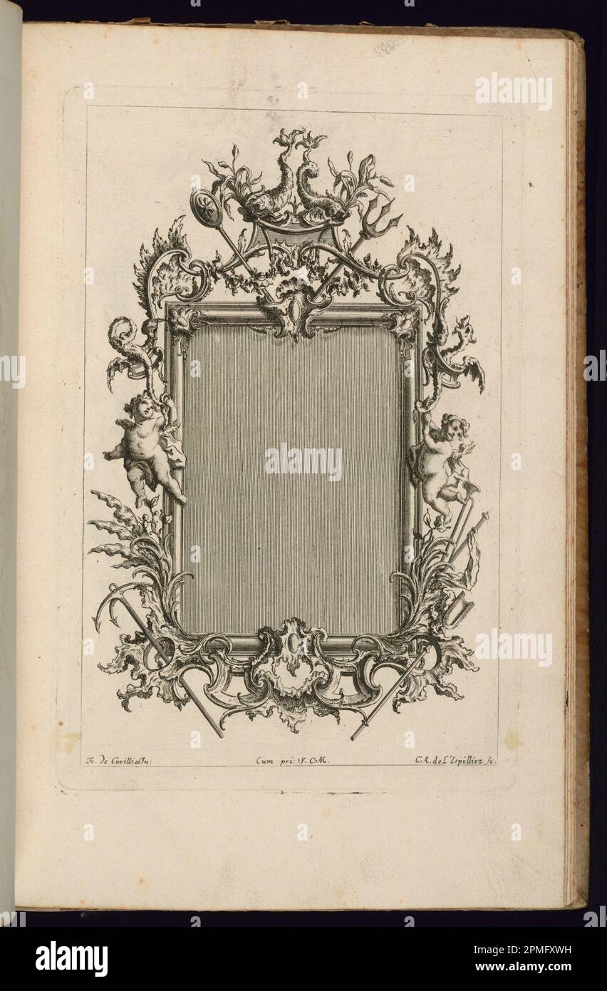 Stampa rilegata, cornice con delfini; progettata da Francois de Cuvilliés il Vecchio (Belgio, Germania attiva, 1695 - 1768); Print Maker: Carl Albert von Lespinleez (tedesco, 1723 - 1796); Germania; incisione e incisione su carta; 27,2 x 18,1 cm (10 11/16 x 7 1/8 pollici) Foto Stock