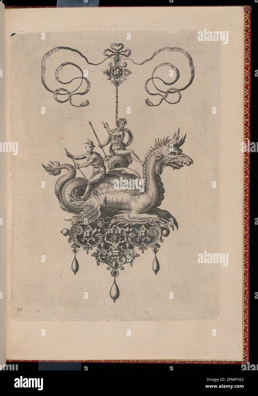 Stampa, lastra 10, pagina del titolo, Bullarum Inaurium ecc. Archetypi Artificiosi Pars Altera (pendenti, Orecchini, ecc.. Disegni della natura più abile, parte seconda); disegnati da Hans Collaert il Vecchio (fiammingo, ca. 1530 - 1581); inciso da Adriaen Collaert (fiammingo, ca. 1560 – 1618); pubblicato da Philips Galle (Fiammingo, 1537 – 1612); Olanda; incisione su carta, stesa e dorata Foto Stock