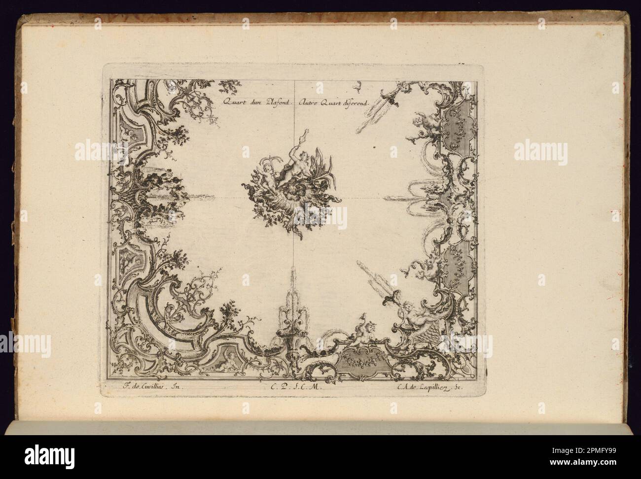 Stampa rilegata, due quarti di un soffitto; progettata da Francois de Cuvilliés il Vecchio (Belgio, Germania attiva, 1695 - 1768); Print Maker: Carl Albert von Lespilliez (tedesco, 1723 - 1796); Germania; incisione e incisione su carta; 19,1 x 21,7 cm (7 1/2 x 8 9/16 in.) Foto Stock