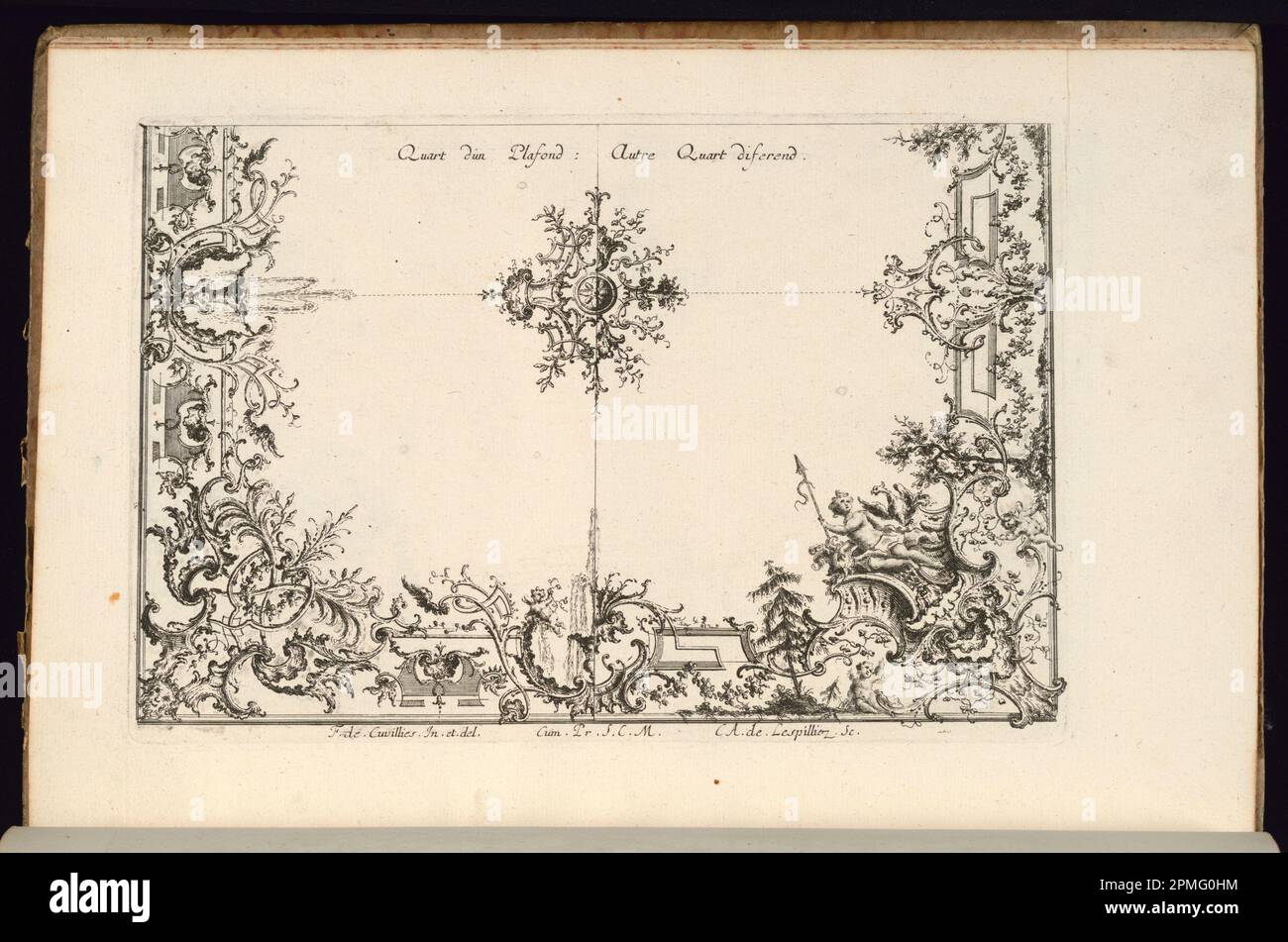 Bound Print, due quarti di soffitto, Nouveau Livre de Plafonds (nuovo libro dei soffitti); disegnato da Francesco de Cuvilliés il Vecchio (Belgio, Germania attiva, 1695-1768); inciso da Carl Albert von Lespilliez (tedesco, 1723-1796); Germania; incisione e incisione su carta; 17,8 x 26,2 cm (7 x 10 5/16 pollici) Foto Stock