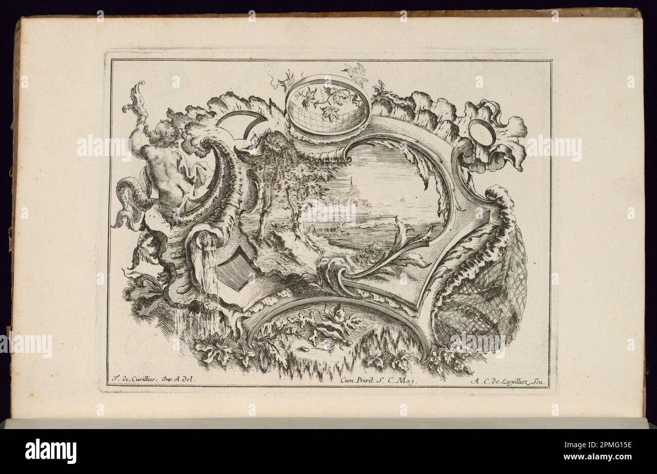 Bound Print, Cartouche con Putto Blowing Conch; progettato da Francesco de Cuvilliés il Vecchio (Belgio, Germania attiva, 1695 - 1768); Print Maker: Carl Albert von Lespinlez (tedesco, 1723 - 1796); Germania; incisione e incisione su carta; 18,7 x 24,8 cm (7 3/8 x 9 3/4 in.) Foto Stock