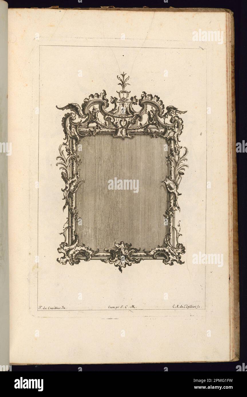 Bound Print, cornice con Rocaille volutes and Wings; disegnata da Francesco de Cuvilliés il Vecchio (Belgio, Germania attiva, 1695 - 1768); Print Maker: Carl Albert von Lespinleez (tedesco, 1723 - 1796); pubblicata da Francesco de Cuvilliés il giovane (tedesco, 1731 - 1777); Germania; incisione e incisione su carta; 27 x 17,9 cm (10 5/8 x 7 1/16 pollici) Foto Stock