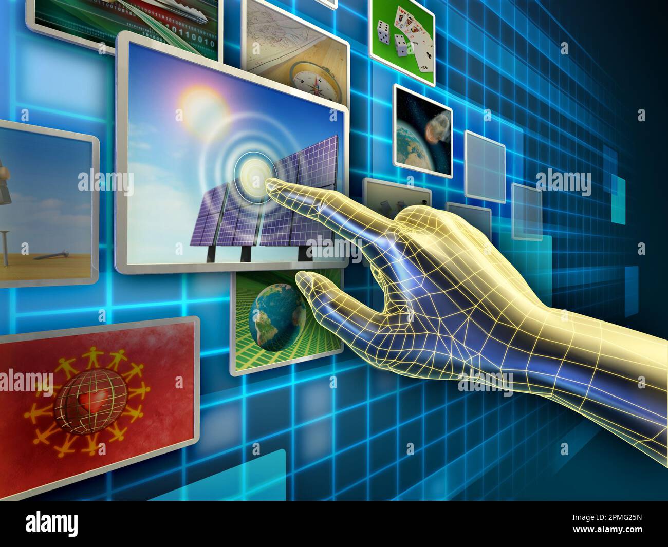 Utilizzare un'interfaccia touch-screen per navigare in un database di immagini. Illustrazione digitale. Foto Stock