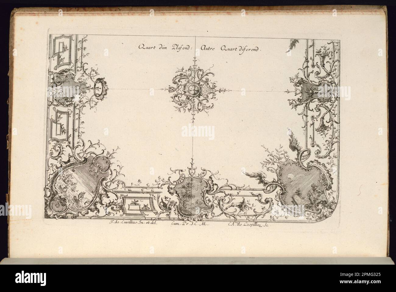 Stampa rilegata, due quarti di un soffitto; progettata da Francois de Cuvilliés il Vecchio (Belgio, Germania attiva, 1695 - 1768); Print Maker: Carl Albert von Lespilliez (tedesco, 1723 - 1796); Germania; incisione e incisione su carta; 18,2 x 26,8 cm (7 3/16 x 10 9/16 in.) Foto Stock
