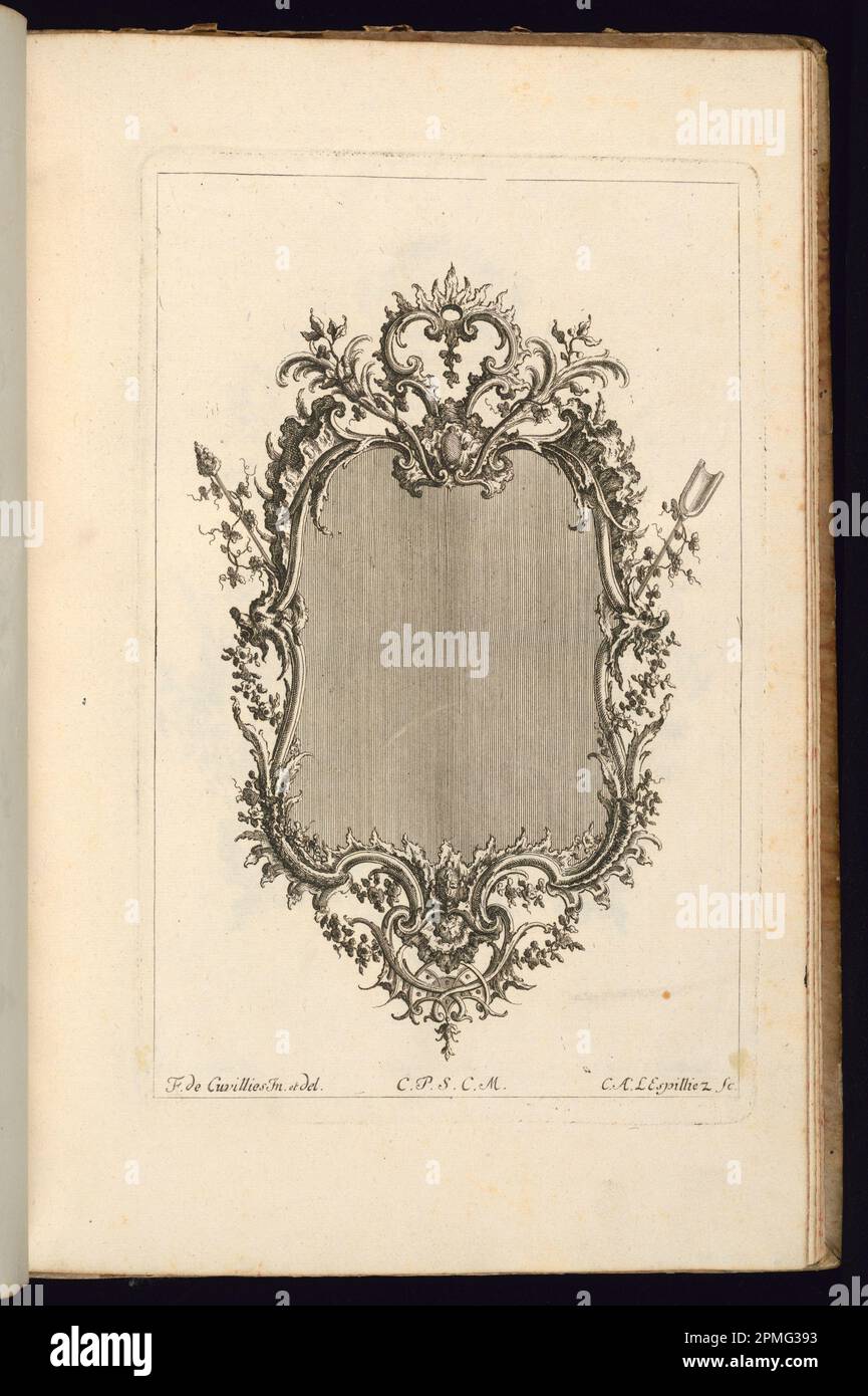 Stampa rilegata, cornice con Rocaille Cartouche; disegnata da Francois de Cuvilliés il Vecchio (Belgio, Germania attiva, 1695 - 1768); Print Maker: Carl Albert von Lespinlez (tedesco, 1723 - 1796); Germania; incisione e incisione su carta; 27 x 17,4 cm (10 5/8 x 6 7/8 in.) Foto Stock