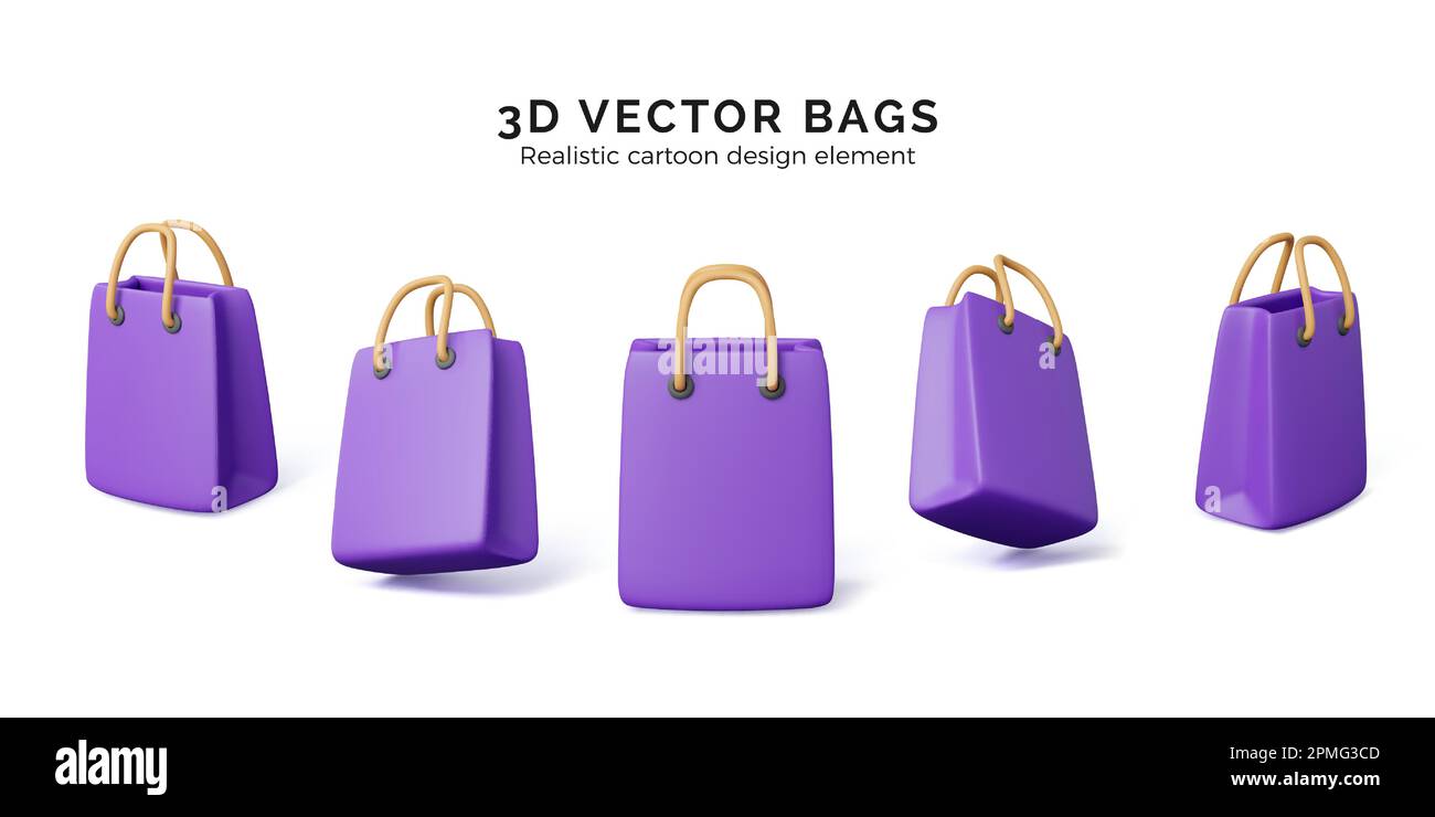 Set di 3D borse per la spesa realistiche. Borsa viola alla moda con manici gialli. Modello del pacchetto di mercato. Illustrazione vettoriale isolata su backgrou bianco Illustrazione Vettoriale