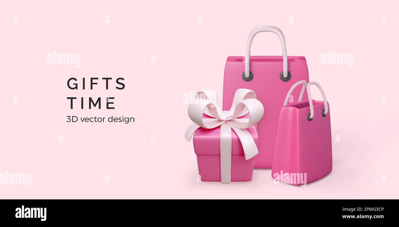 Confezione regalo rosa e sacchetto di carta. 3d borsa da negozio rosa e confezione regalo con nastro. Banner offerta speciale vacanze in stile cartoon realistico. Illustrazione vettoriale Illustrazione Vettoriale