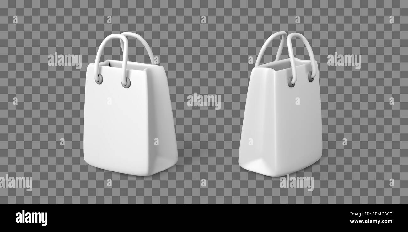 Confezioni di cartone bianco. Shopping borse in 3D realistico stile cartone animato isolato. Illustrazione vettoriale Illustrazione Vettoriale
