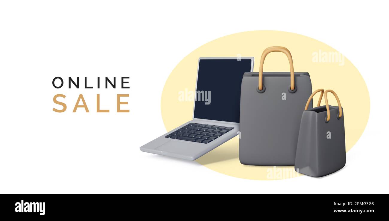 Concetto di shopping online. Laptop con borse nere da negozio. Promozione vendita online. 3D elemento di design creativo del cartone animato. Promozioni di sconti e sconti Illustrazione Vettoriale