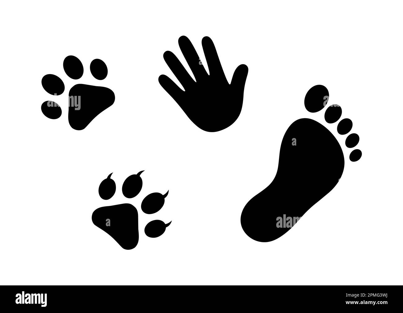 Bianco e nero Cat Dog e l'icona delle impronte e delle impronte umane Illustrazione Vettoriale