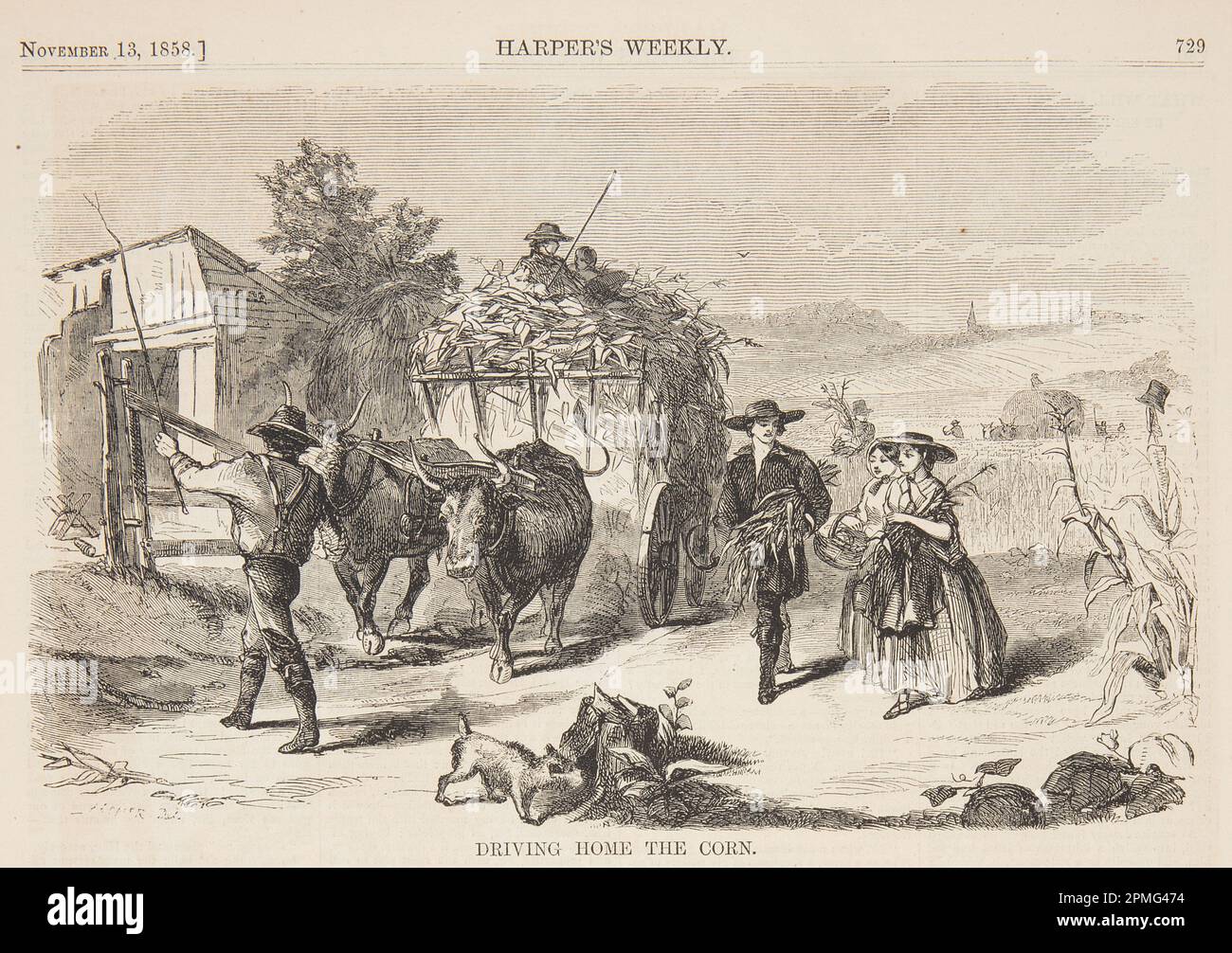 Print, Driving Home The Corn; Published by Harper's Weekly; After Winslow Homer (American, 1836–1910); USA; incisione del legno in inchiostro nero su carta; Image: 16,5 x 23,5 cm (6 1/2 x 9 1/4 in.) Foto Stock