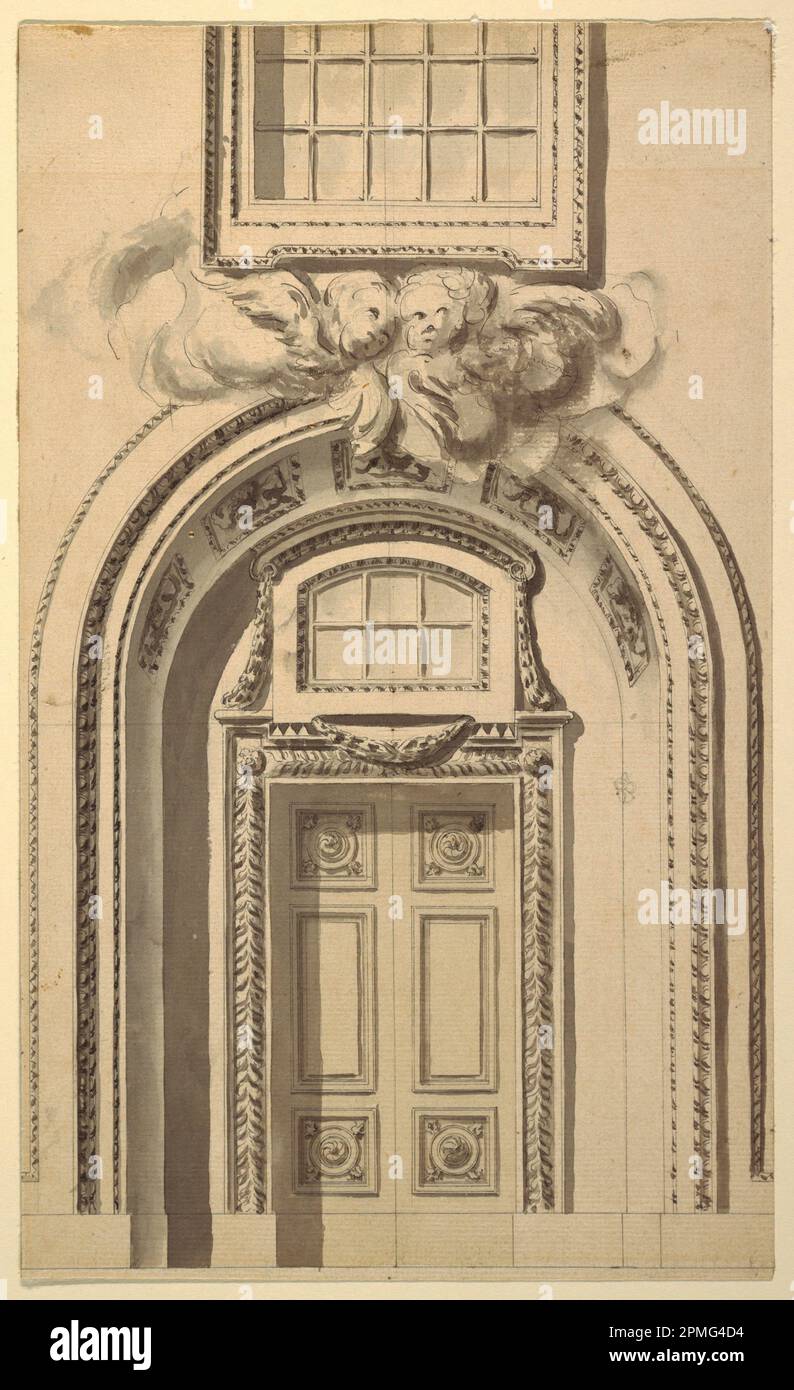 Disegno, progettazione per un portale di una chiesa; progettato da Jean-Charles Delaposse (francese, 1734–1791); Francia; inchiostro, pennello e acquerello cinese e penna, grafite su carta posata; foglio: 35,8 x 21,5 cm (14 1/8 x 8 7/16 poll.) Foto Stock
