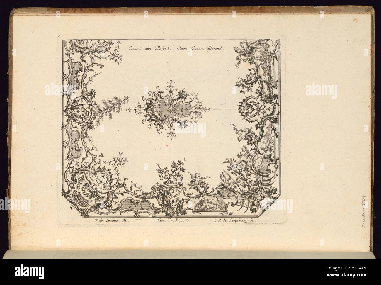Stampa rilegata, due quarti di un soffitto; progettata da Francois de Cuvilliés il Vecchio (Belgio, Germania attiva, 1695 - 1768); Print Maker: Carl Albert von Lespilliez (tedesco, 1723 - 1796); Germania; incisione e incisione su carta; 18,3 x 21,8 cm (7 3/16 x 8 9/16 in.) Foto Stock
